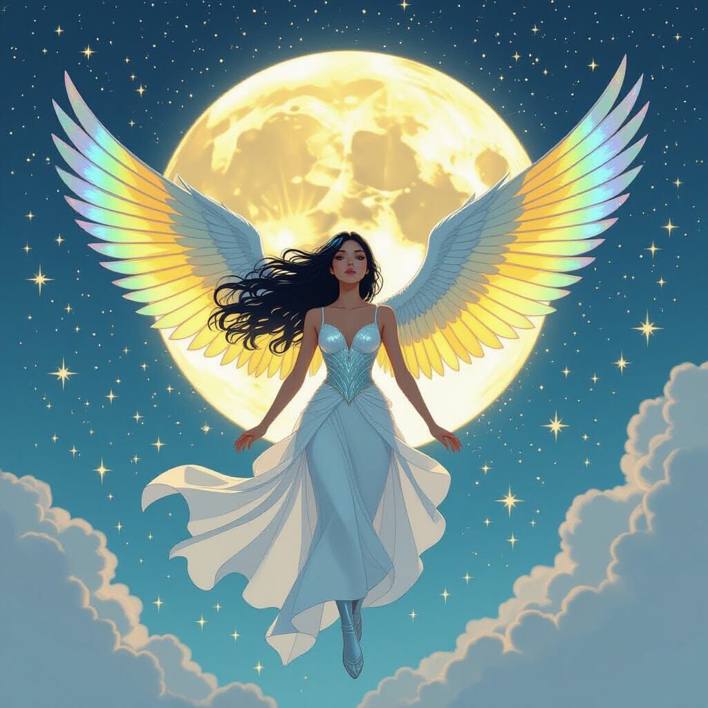 Silver Winged Girl Blocking Moon in Dreamlike Fantasy Art