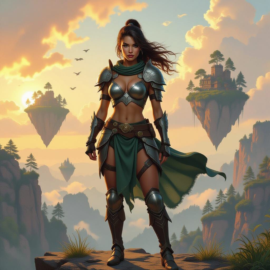 Fantasy Warrior on Cliff with Magical Forests
