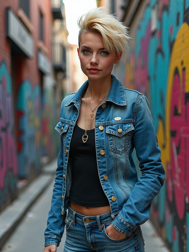 Woman with Green Eyes in Cyberpunk Cityscape