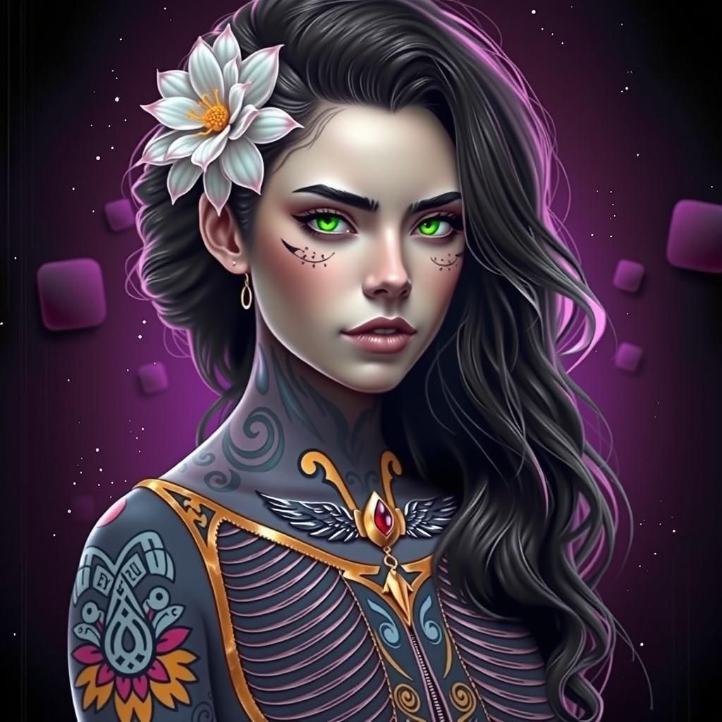Woman with Flower and Tattoos in Dark Fantasy Art
