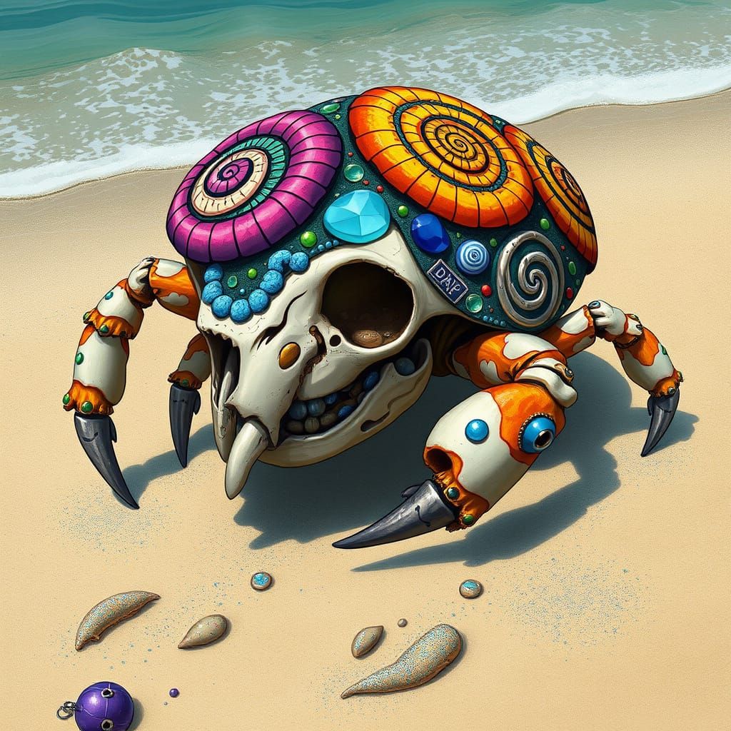 Hermit Crab with Dog Skull Shell on Beach