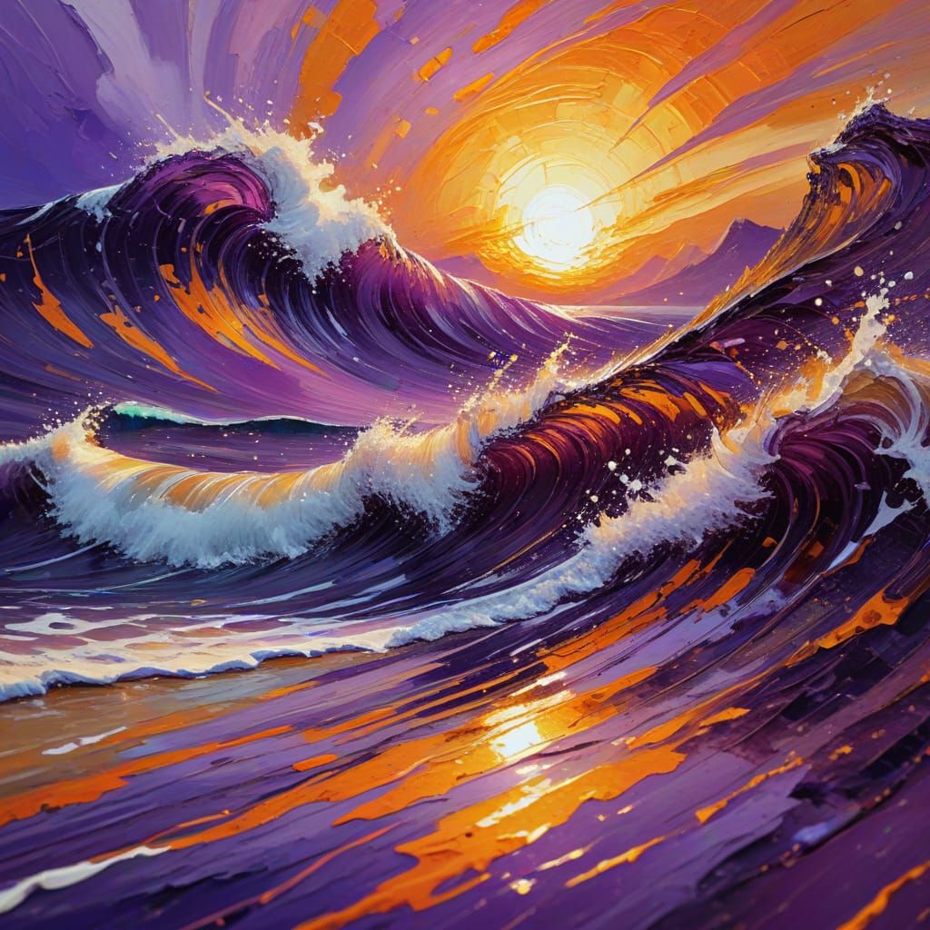 Vibrant Neo-Impressionist Sunset Over Turbulent Sea