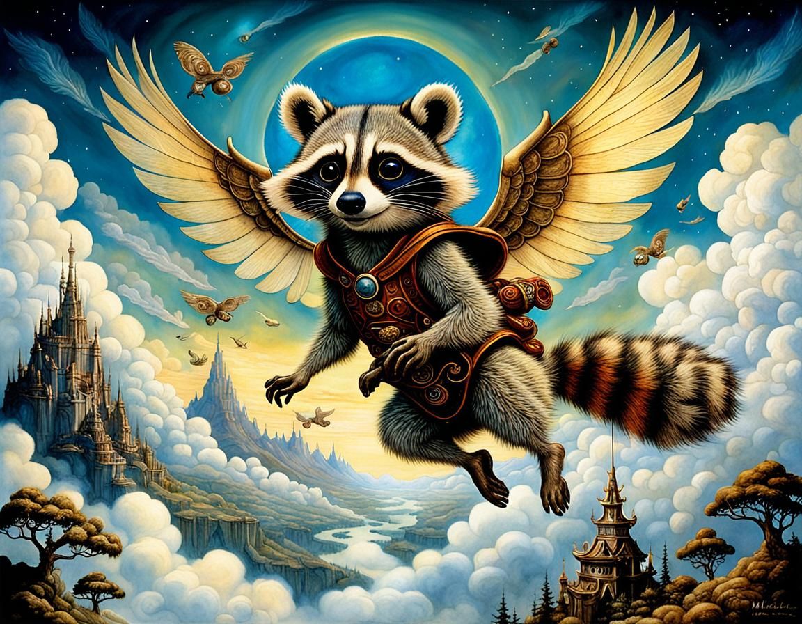 Winged Raccoon Flight in Whimsical Fantasy Style