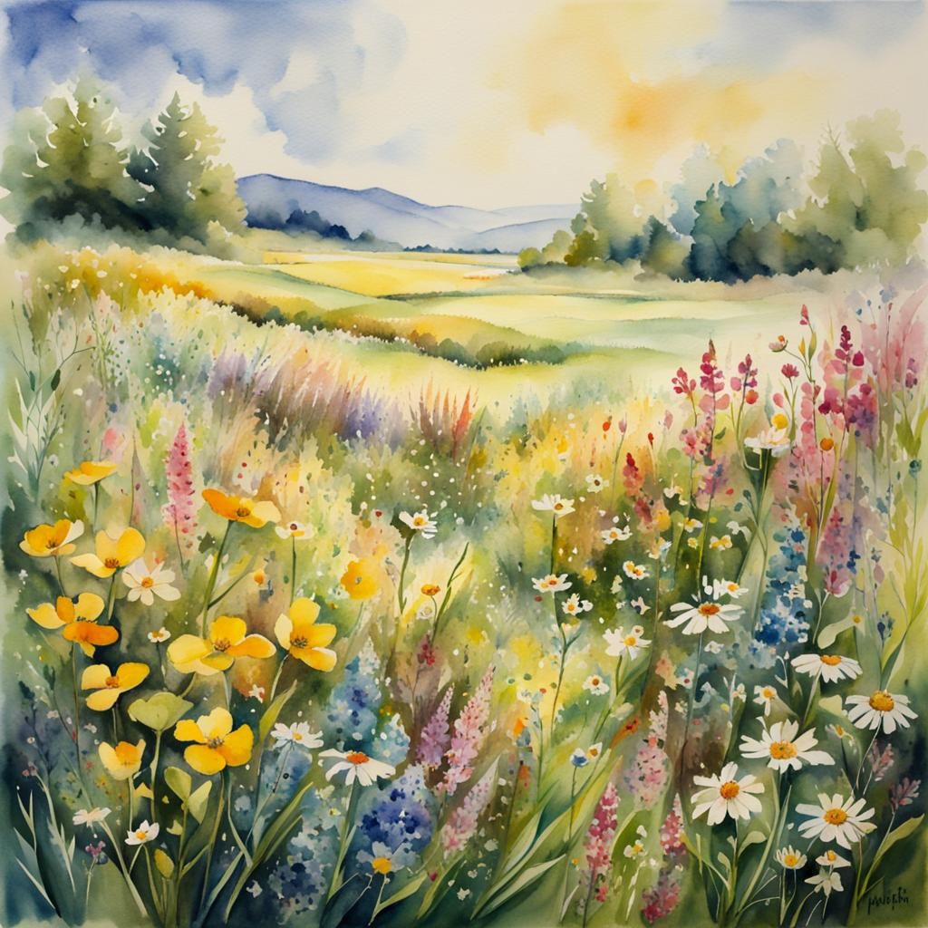 Wildflower Meadow in Watercolor with Sunlight