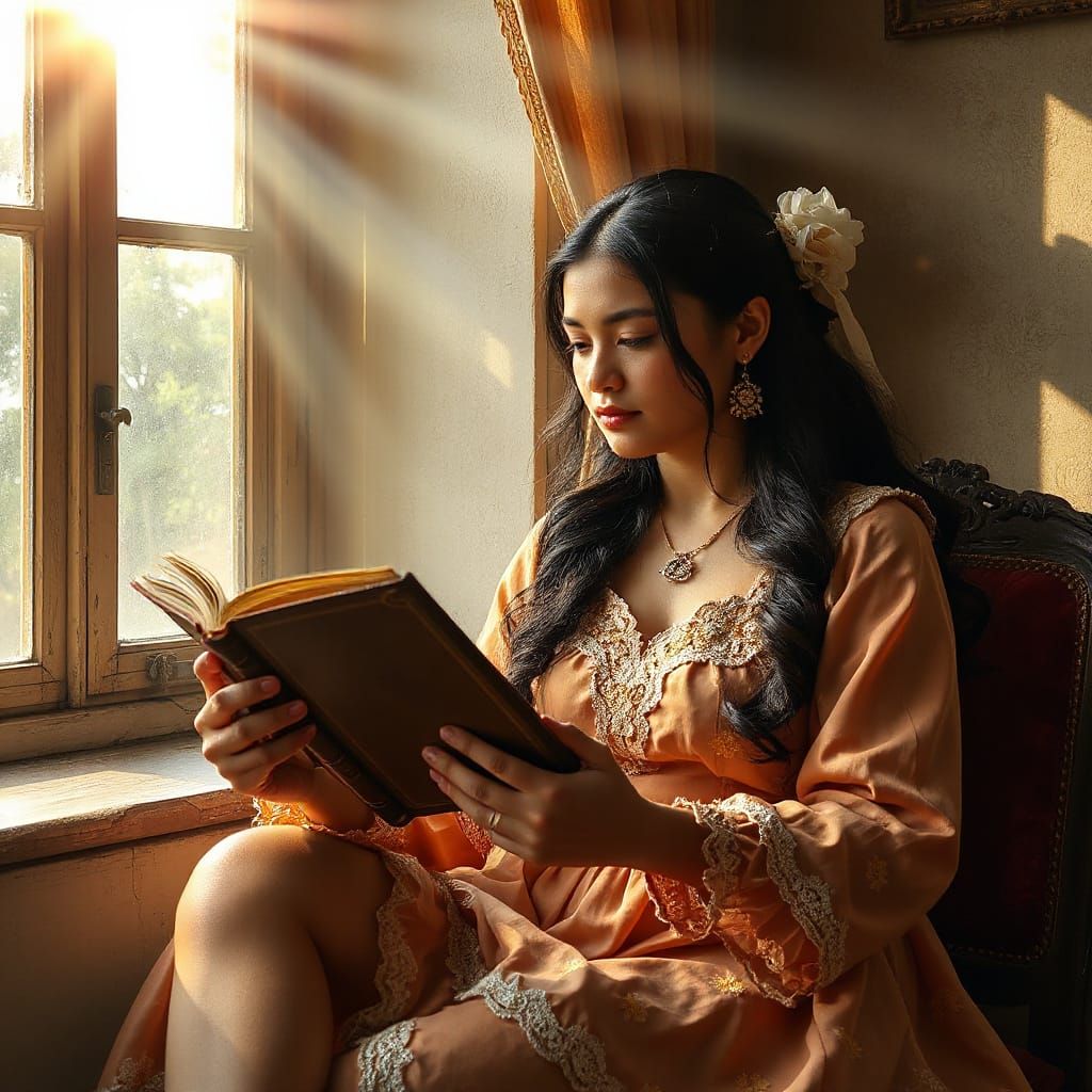Panamanian Woman Reading by Window: Photorealistic Art