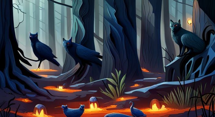 Spooky Forest with Chibi Cats: Hyperrealistic Scene