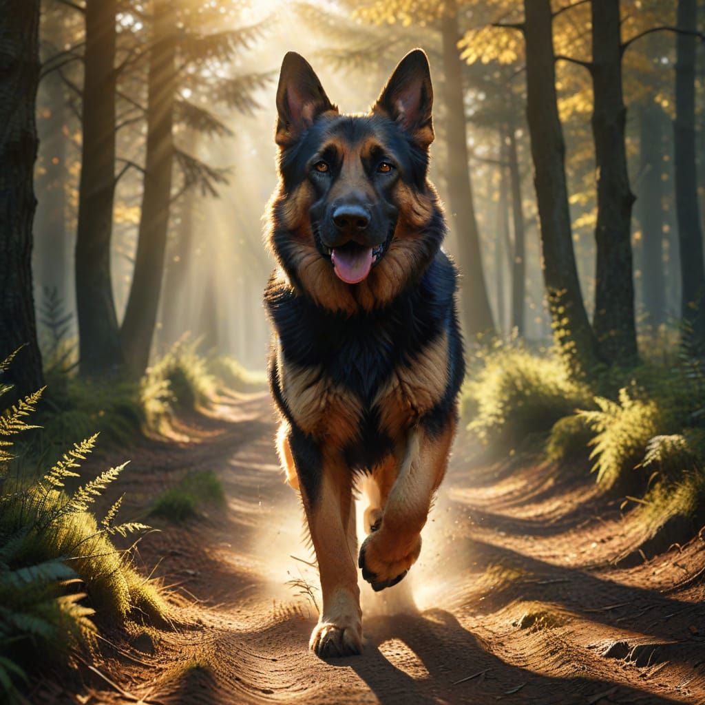 Powerful German Shepherd Runs Through Dappled Forest Light