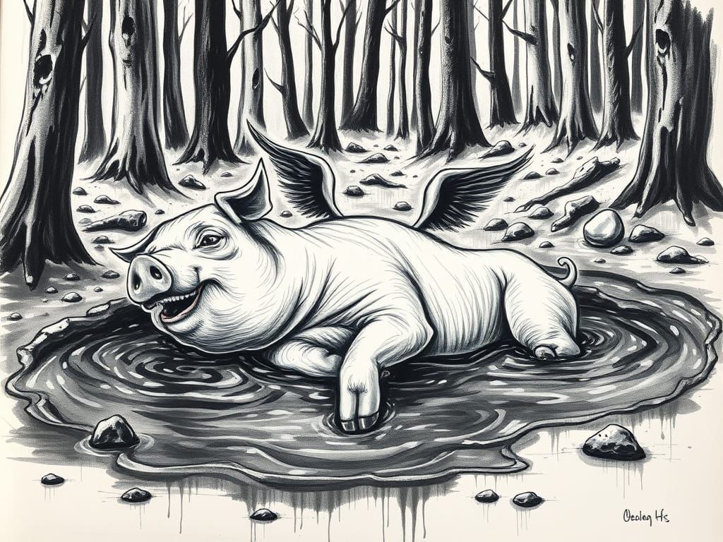 Expressive Charcoal Drawing of Pig in Mud Bath