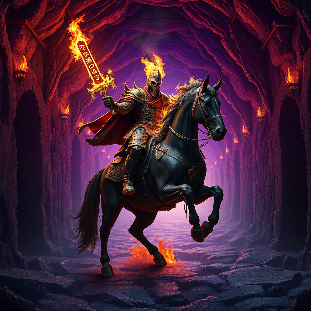 Headless Horseman in Burning Catacombs, Dark Fantasy Art