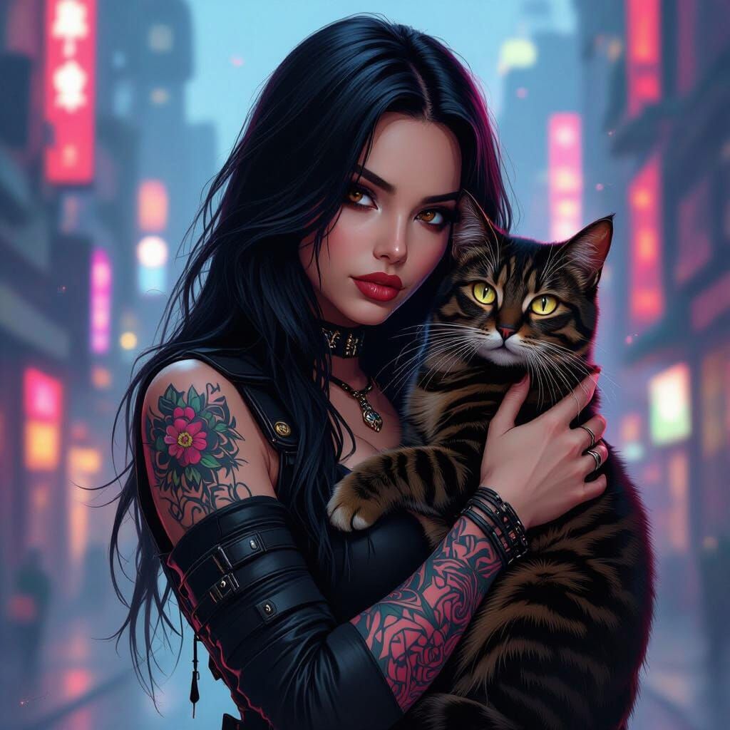 Gothic Girl with Cat in Neon Cityscape, Syd Mead Style