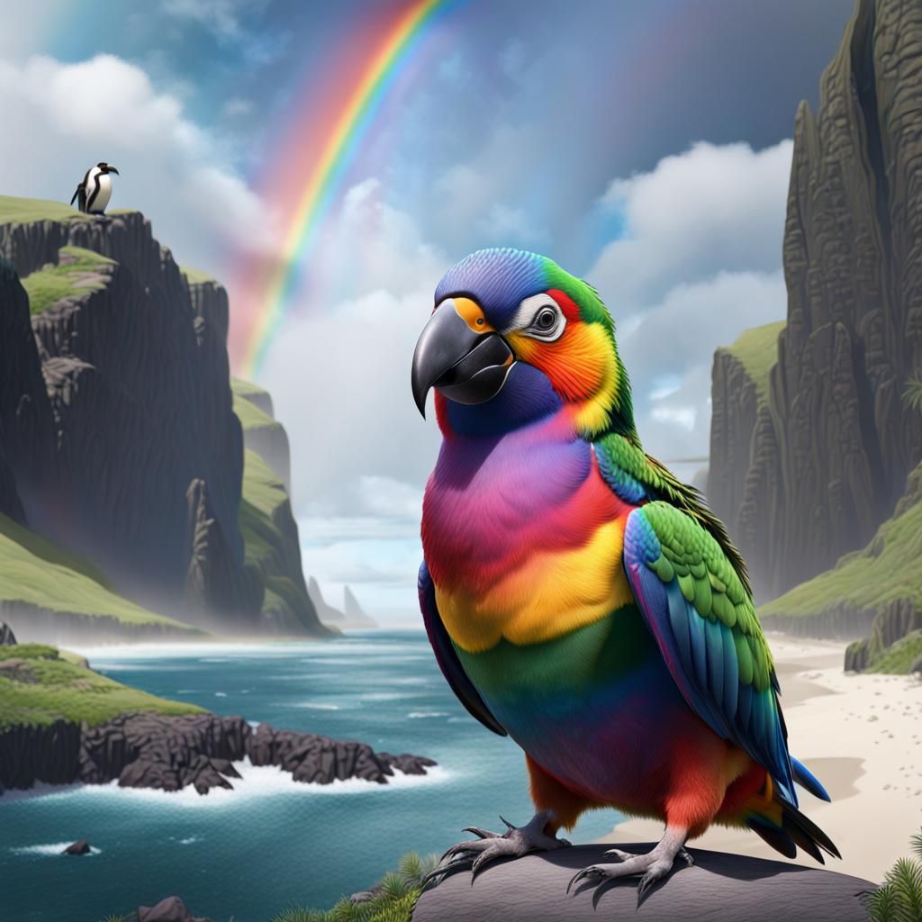 Rainbow Parrot Penguin: Detailed Matte Painting