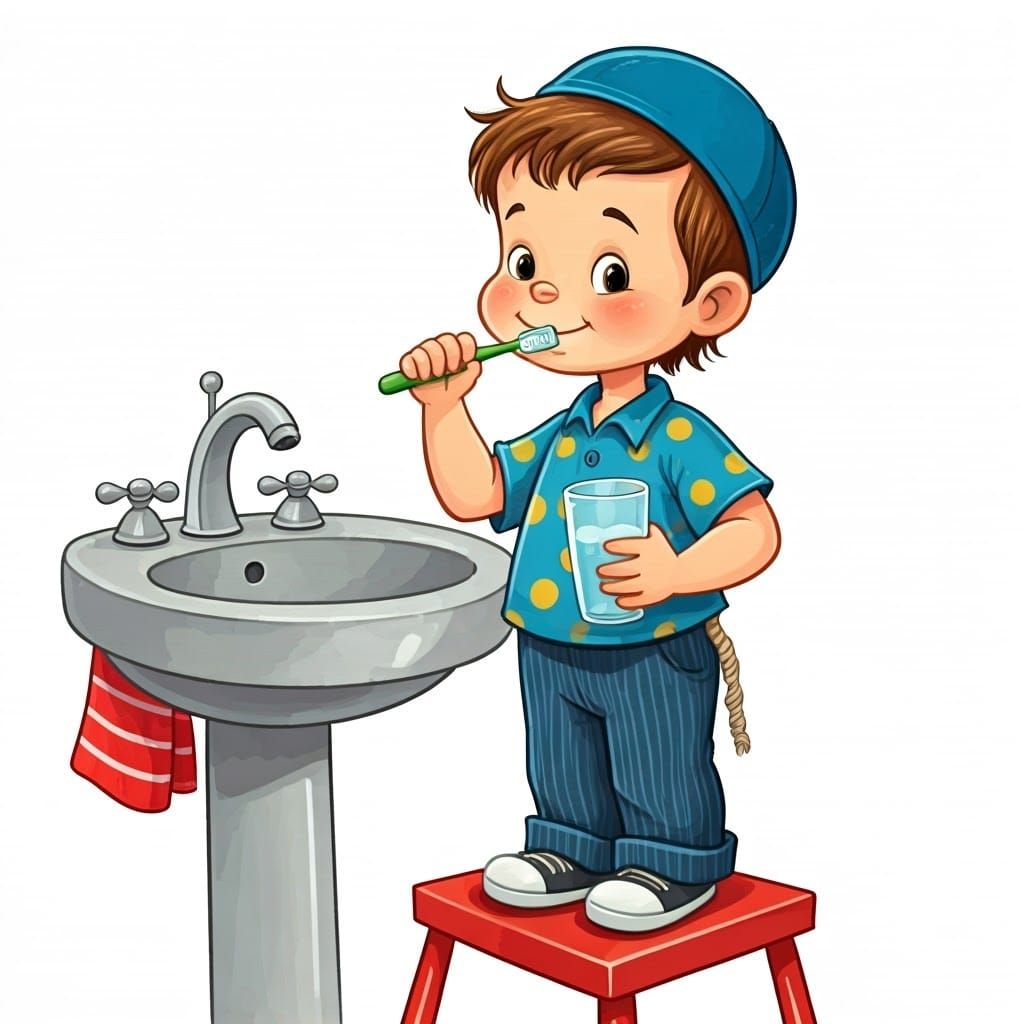 Charming Haredi Boy Brushes His Teeth in a Bright Bathroom