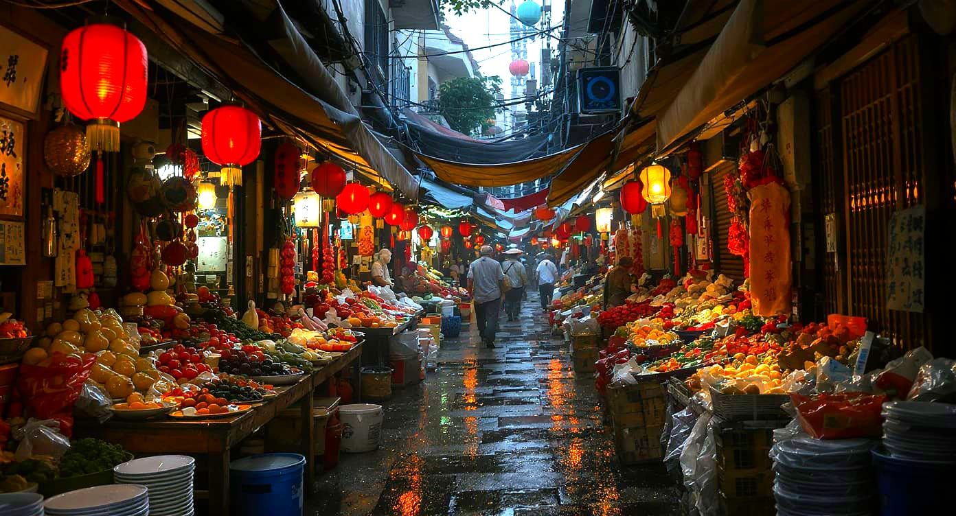 Dimly Lit Alleyway in Traditional Asian Market