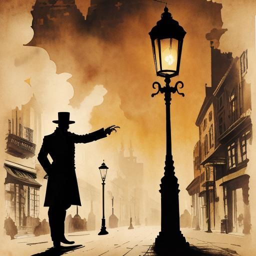 Steampunk Magician Silhouette in Ink Painting Style