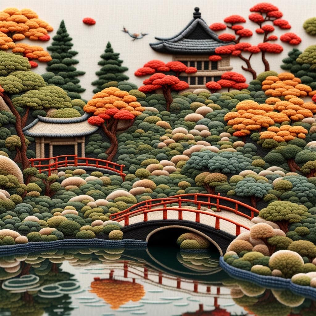Detailed Japanese Garden Embroidery Art