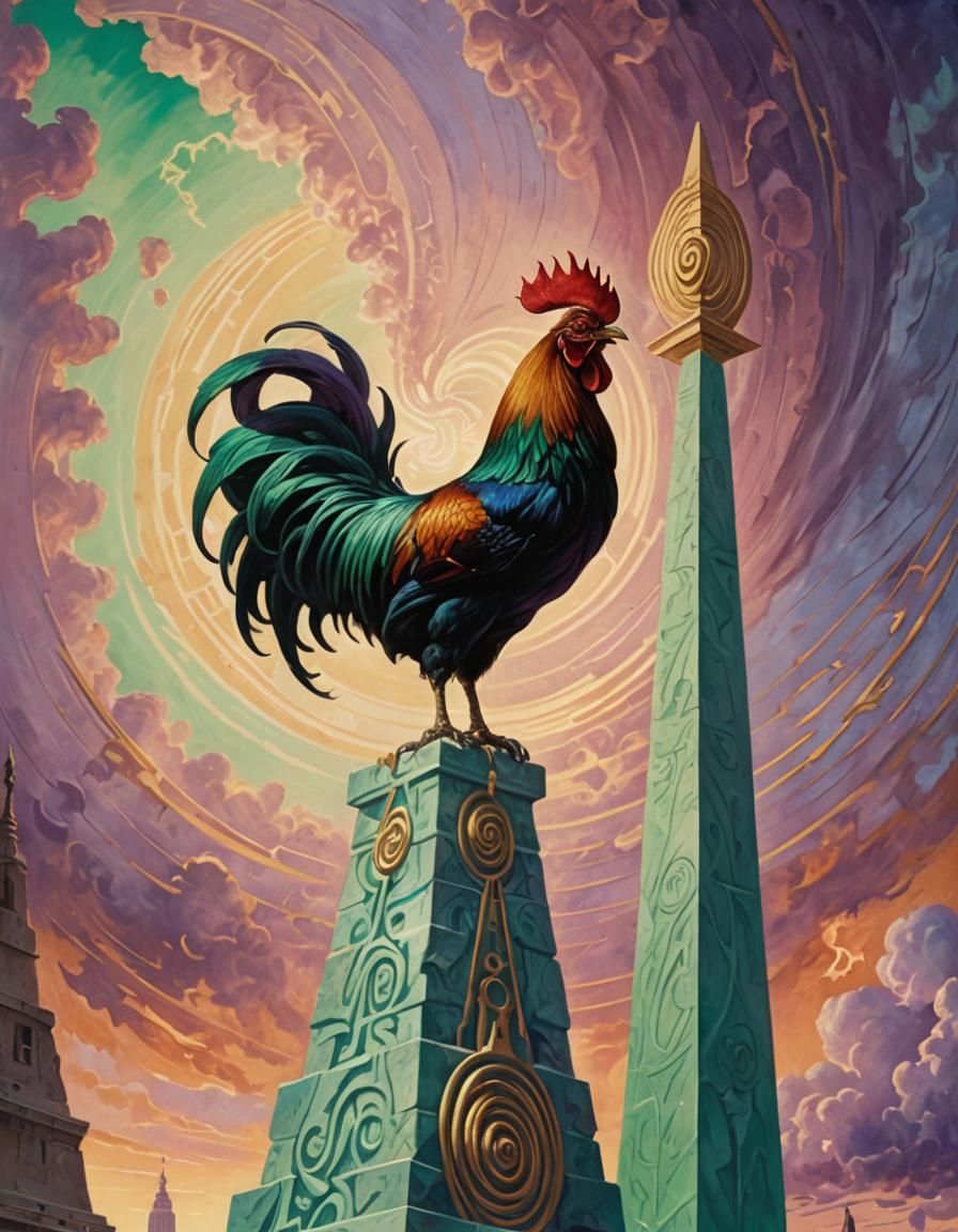 Rooster and Gigantic Obelisk in a Surreal Scene