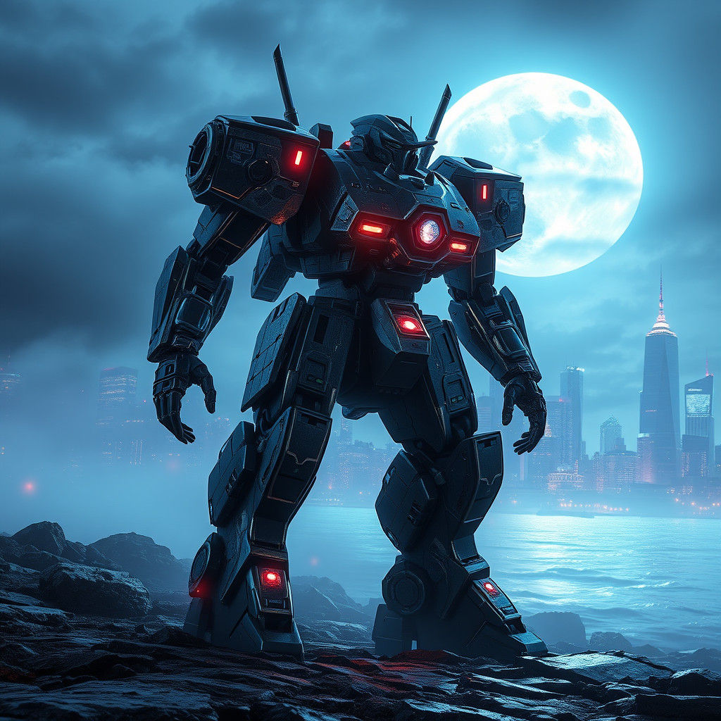 Moonlit Mecha on Shoreline Cityscape