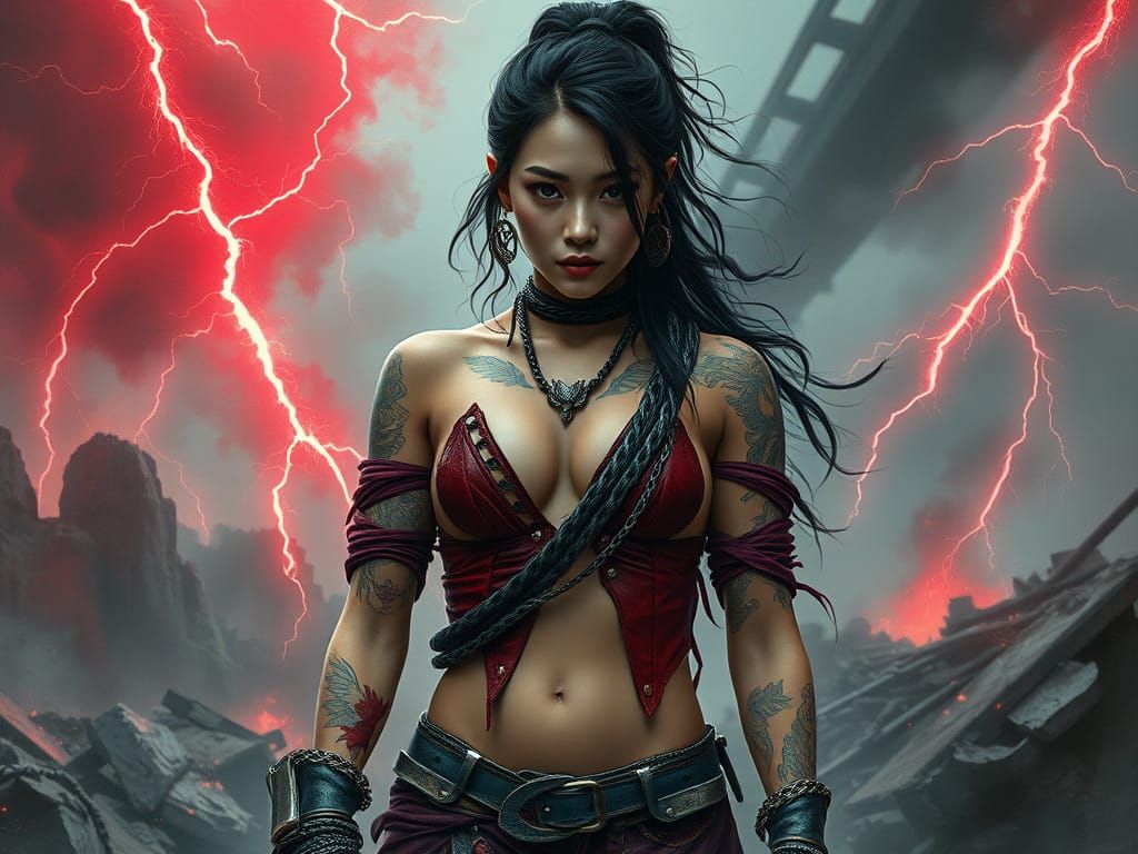 Cyberpunk Goddess Emerges from Dystopian Ruins in Mint-Hued...