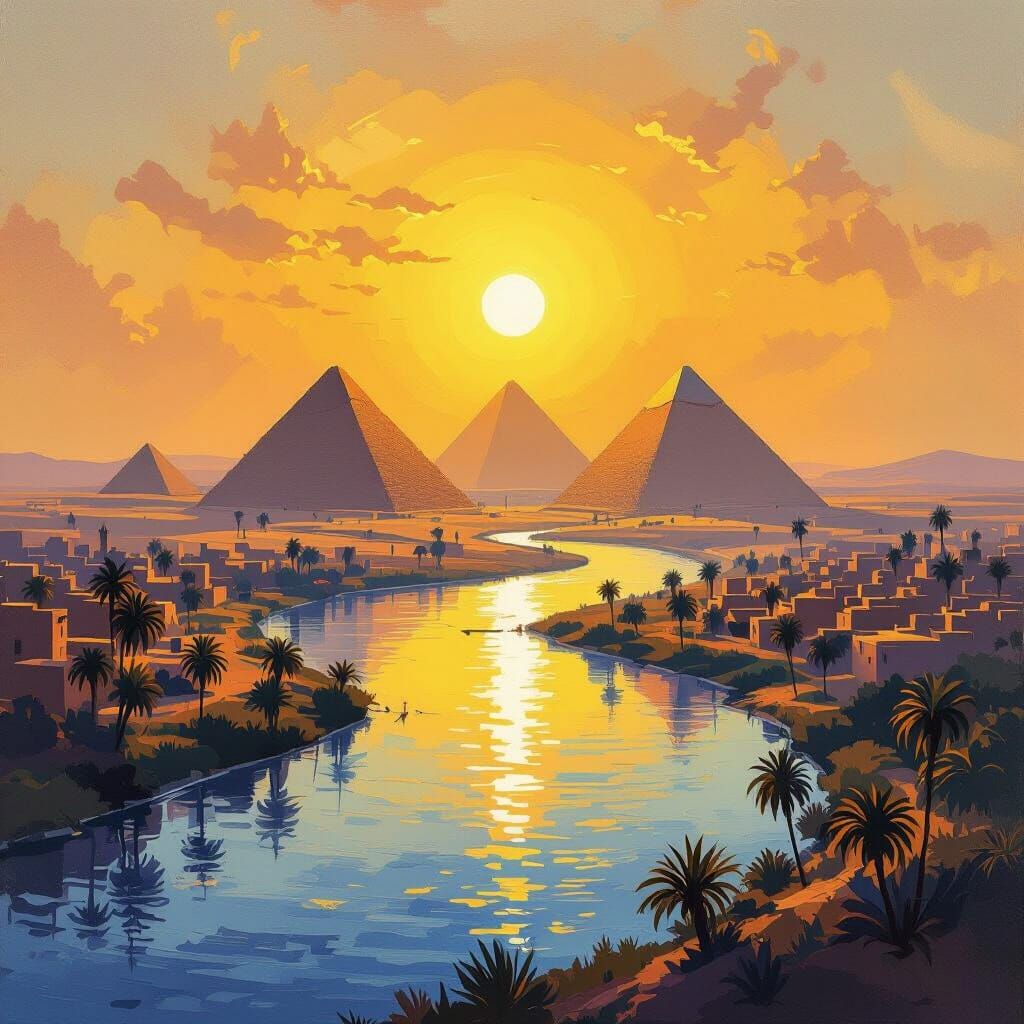 Majestic Pyramids and Nile River in Impressionist Style