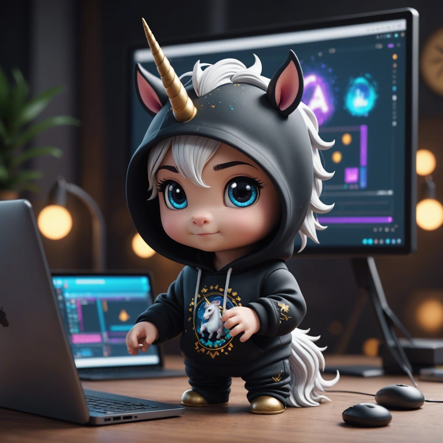 Chibi Unicorn Hacker in Detailed Digital Art