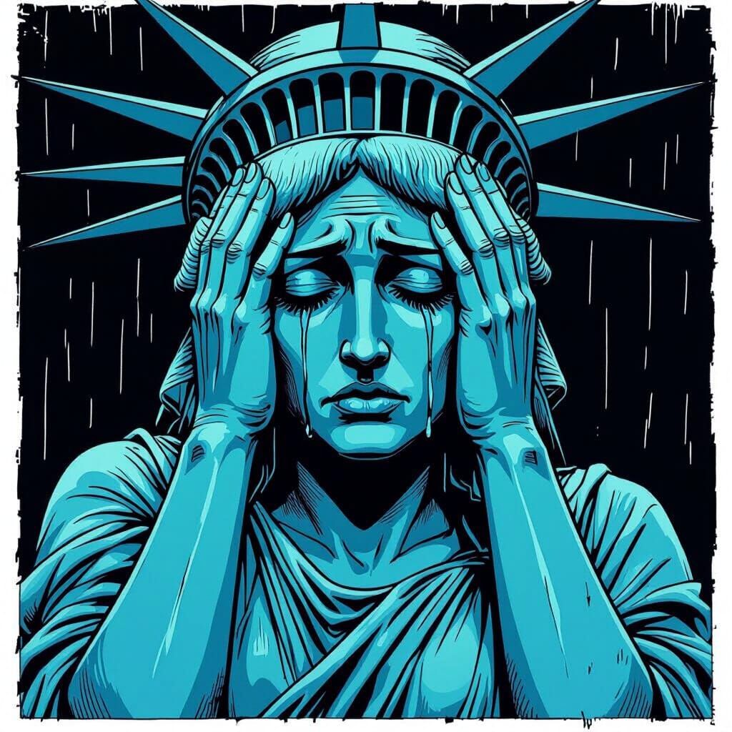 Lady Liberty Weeps in Dramatic Comic Art Style
