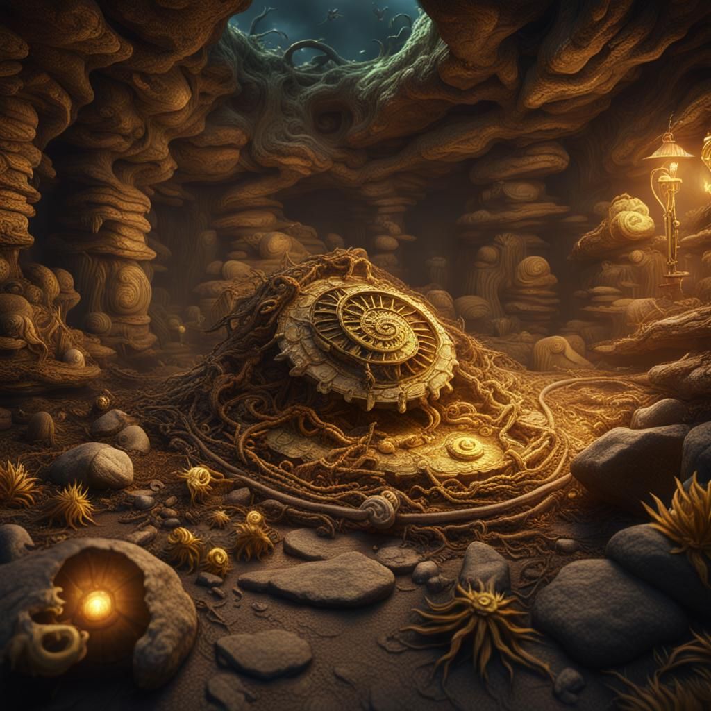 Buried Gold Treasure with Roots and Ammonites