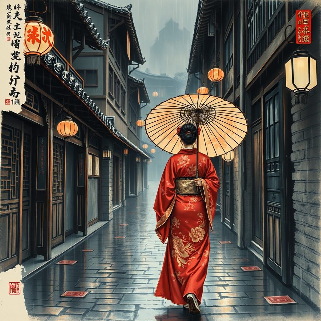 Woman in Kimono on Rainy Street, Chinese Ink