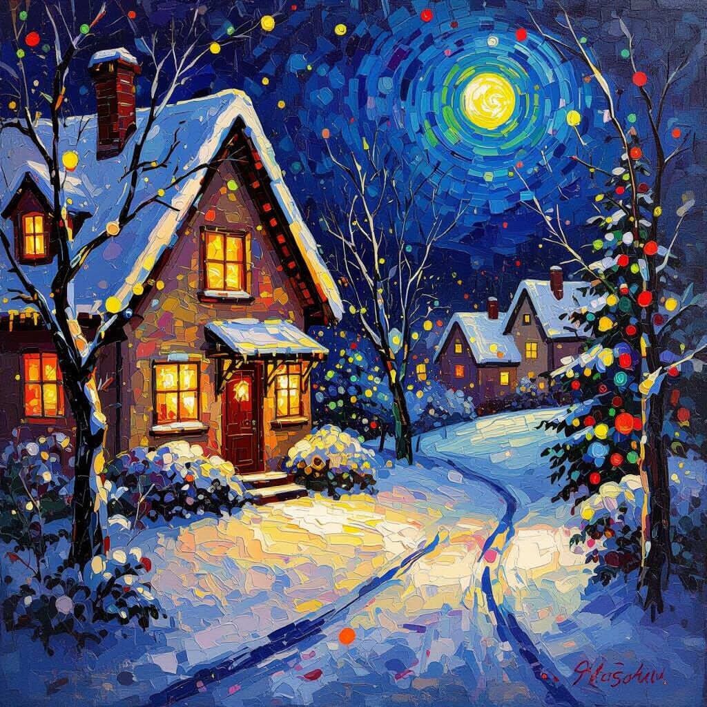 Vivid Christmas Scene in Neo-Impressionist Style