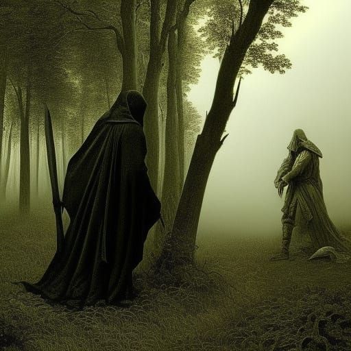 The Grim Reaper in Shadowy Forest