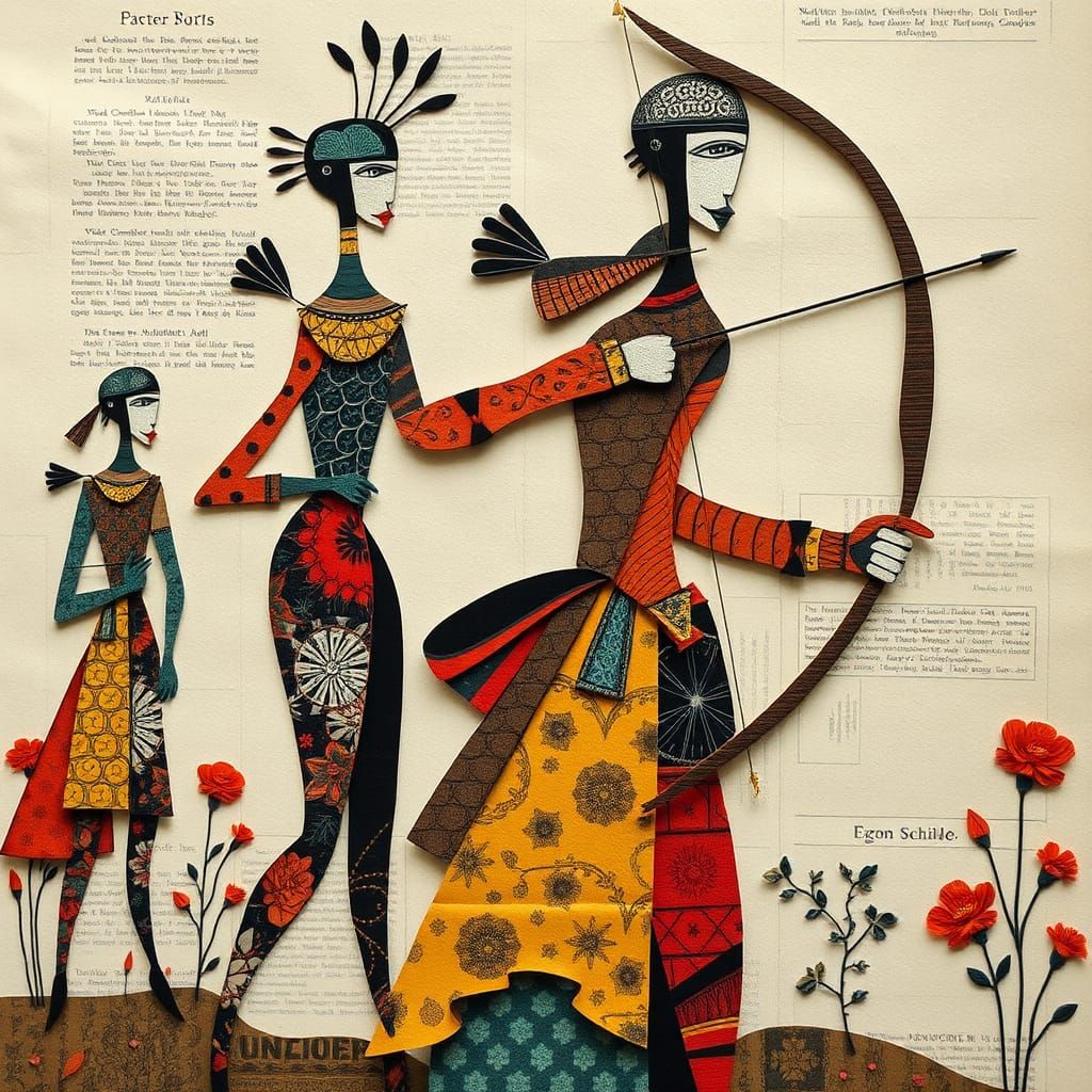 Whimsical Archer in Cubist Collage Art Style