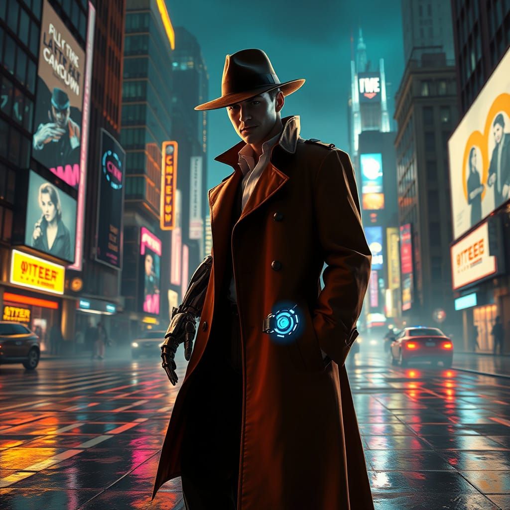 Cyberpunk Detective in Neon Cityscape with Robotic Arm
