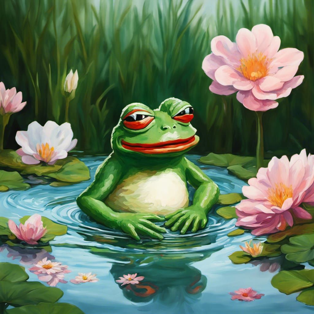 Pepe the Frog in Floral Pond, Impasto Painting