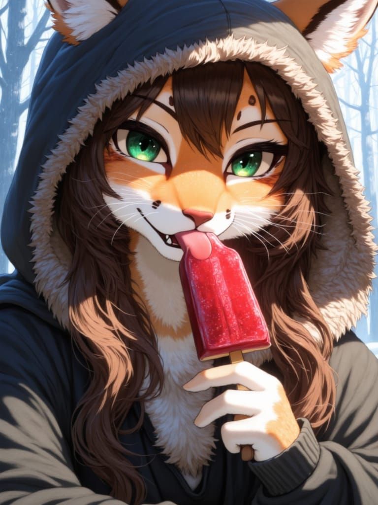 Fantastical Anthropomorphic Lynx in Witch Cloak, Licking Pop...