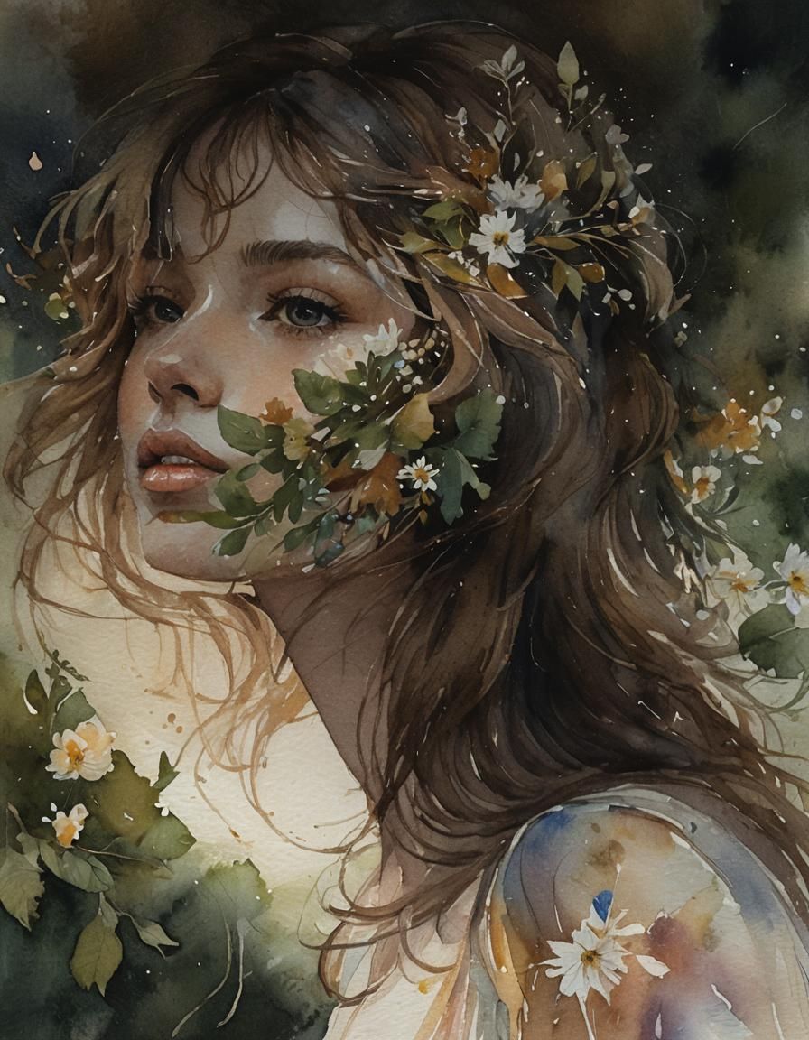 Watercolor Portrait of Woman with Flowers