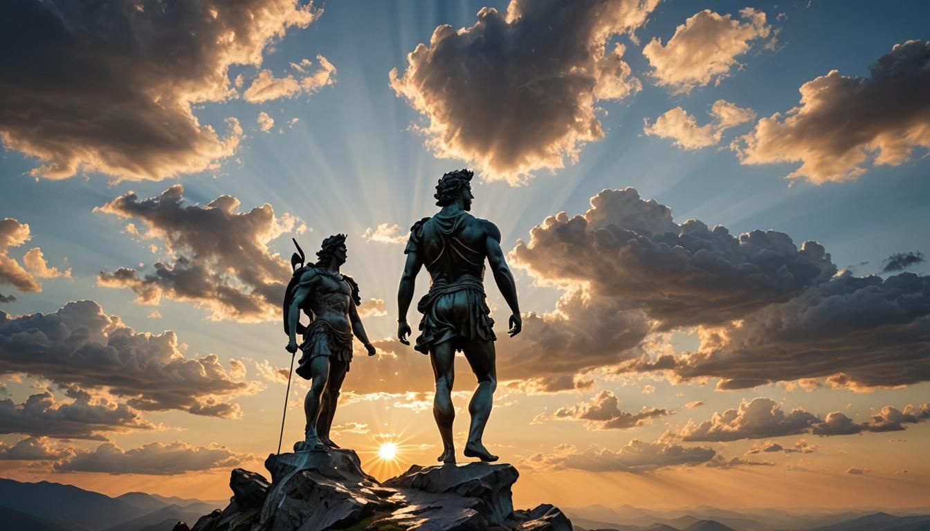 Bronze Apollo Statue on Mountain Peak at Sunset