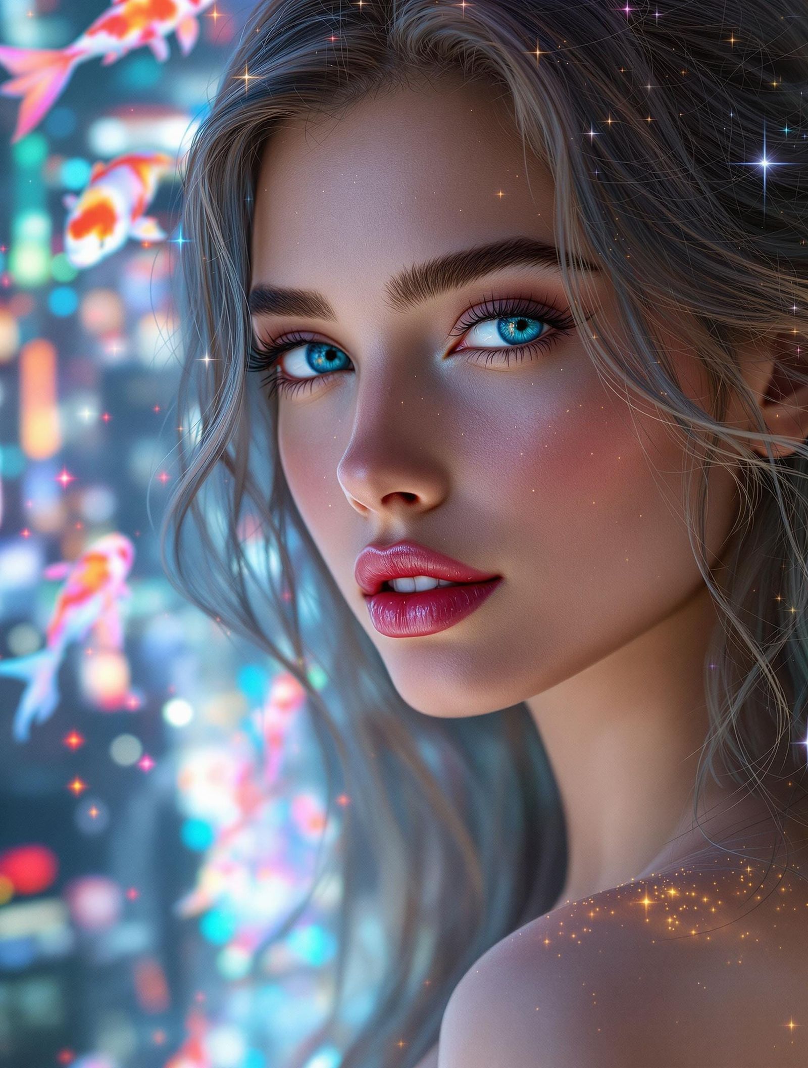 Stunning Woman with Starlight Hair in Neo-Tokyo