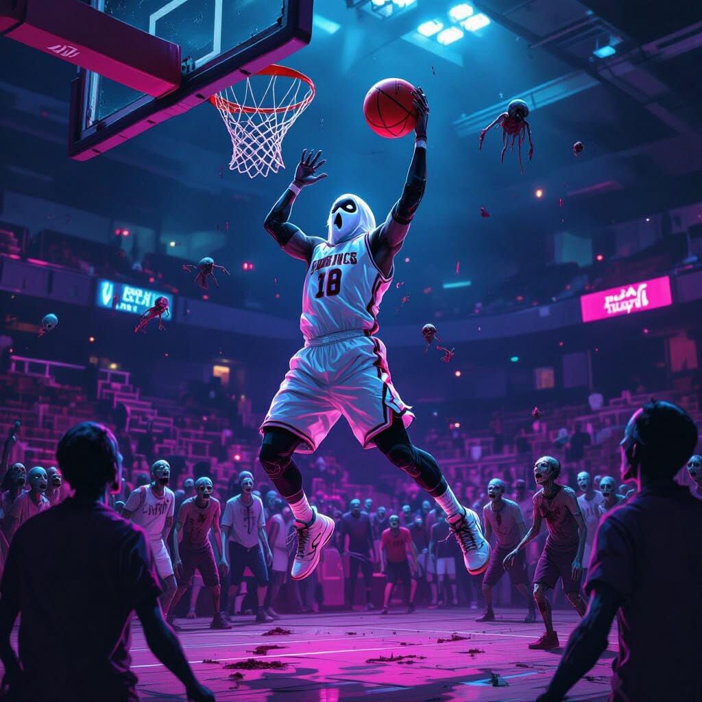 Ghostly Basketball Game in Neon Fantasy Arena