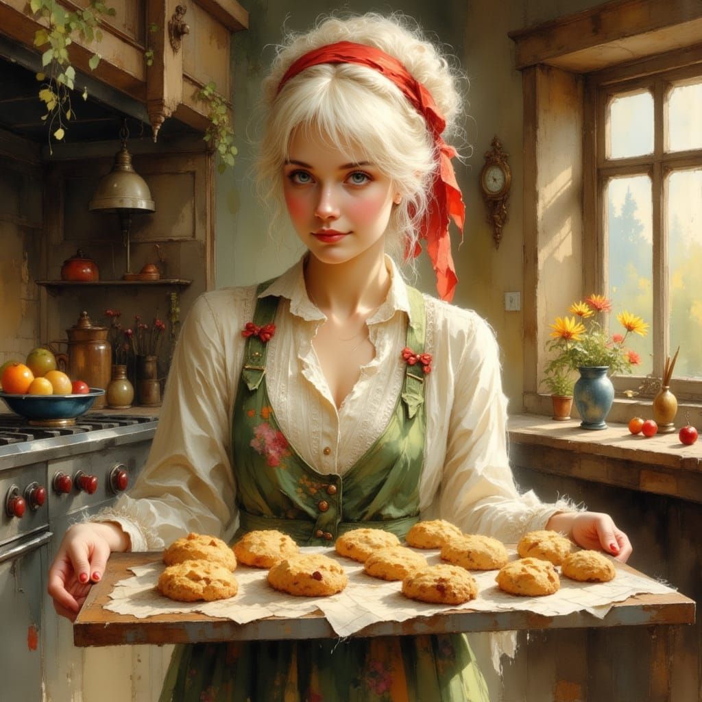 Charming Woman Baking Cookies in Folk Art Style