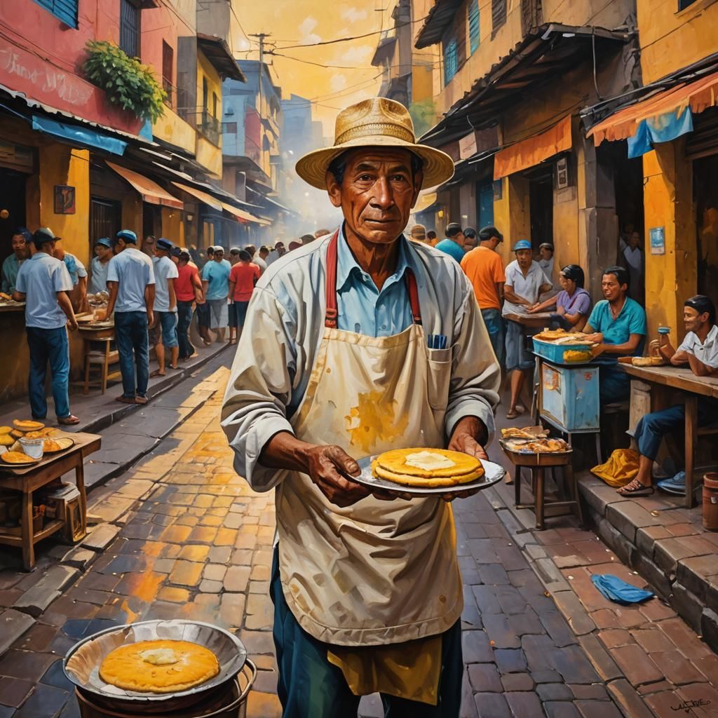 Colombian Street Food: Arepas in Medellin, Oil Painting