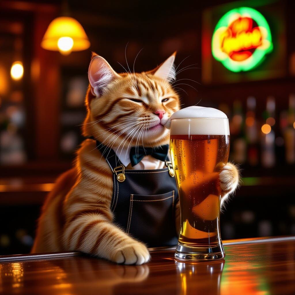 Ginger Tabby Bartender Cat Enjoys Beer in Warm Light
