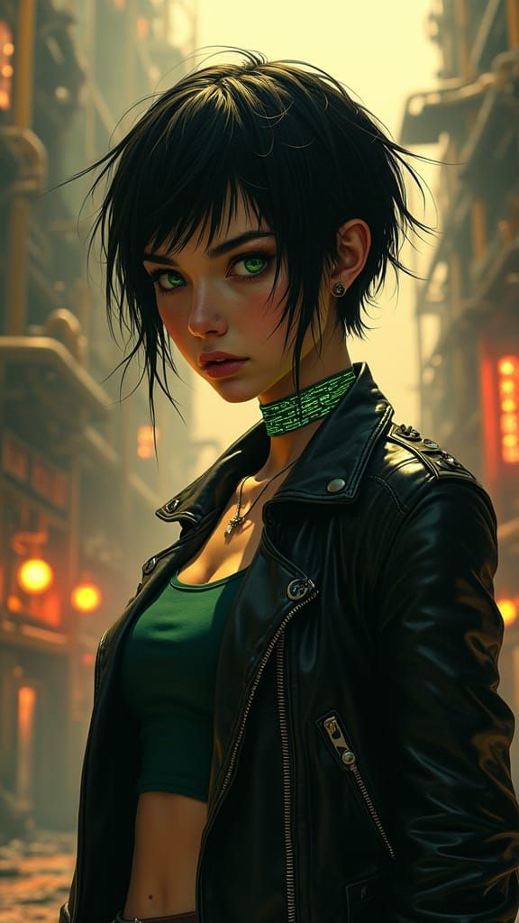 Cyberpunk Dystopian Cityscape with Fierce Female Rebel