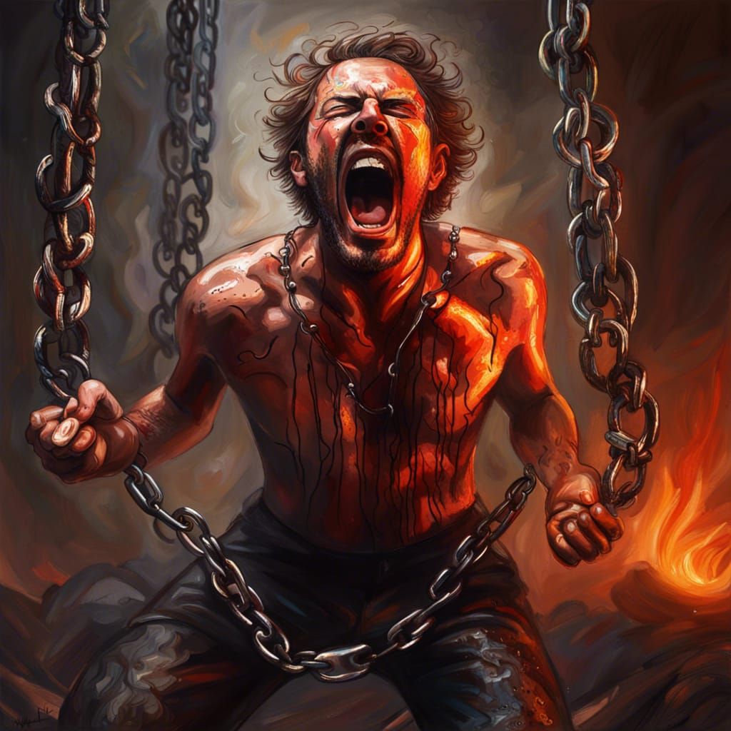 Dramatic Portrait: Man in Chains, Agony in Flames