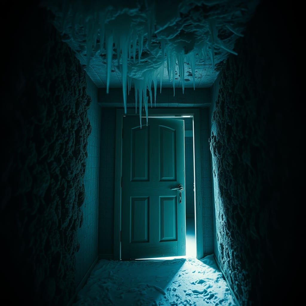 Ominous Icy Interior in Cinematic Horror Style