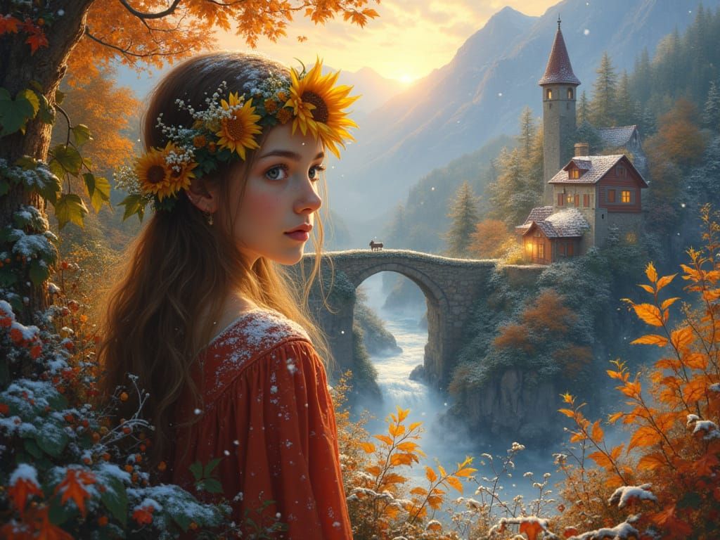 Fantasy Autumn Village with Sunflower Girl