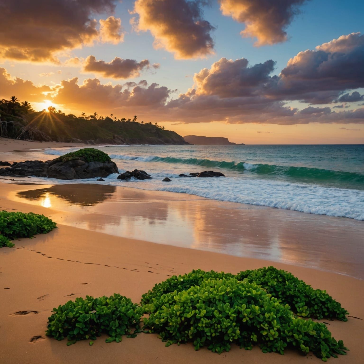 Sunset Beach in a Tranquil Bay: Fantasy Concept Art