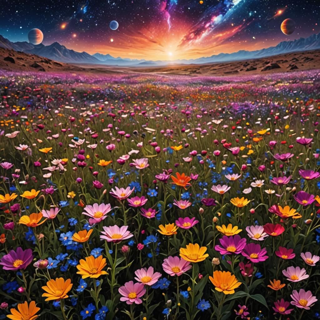 Cosmic Flower Field with Starry Sky View