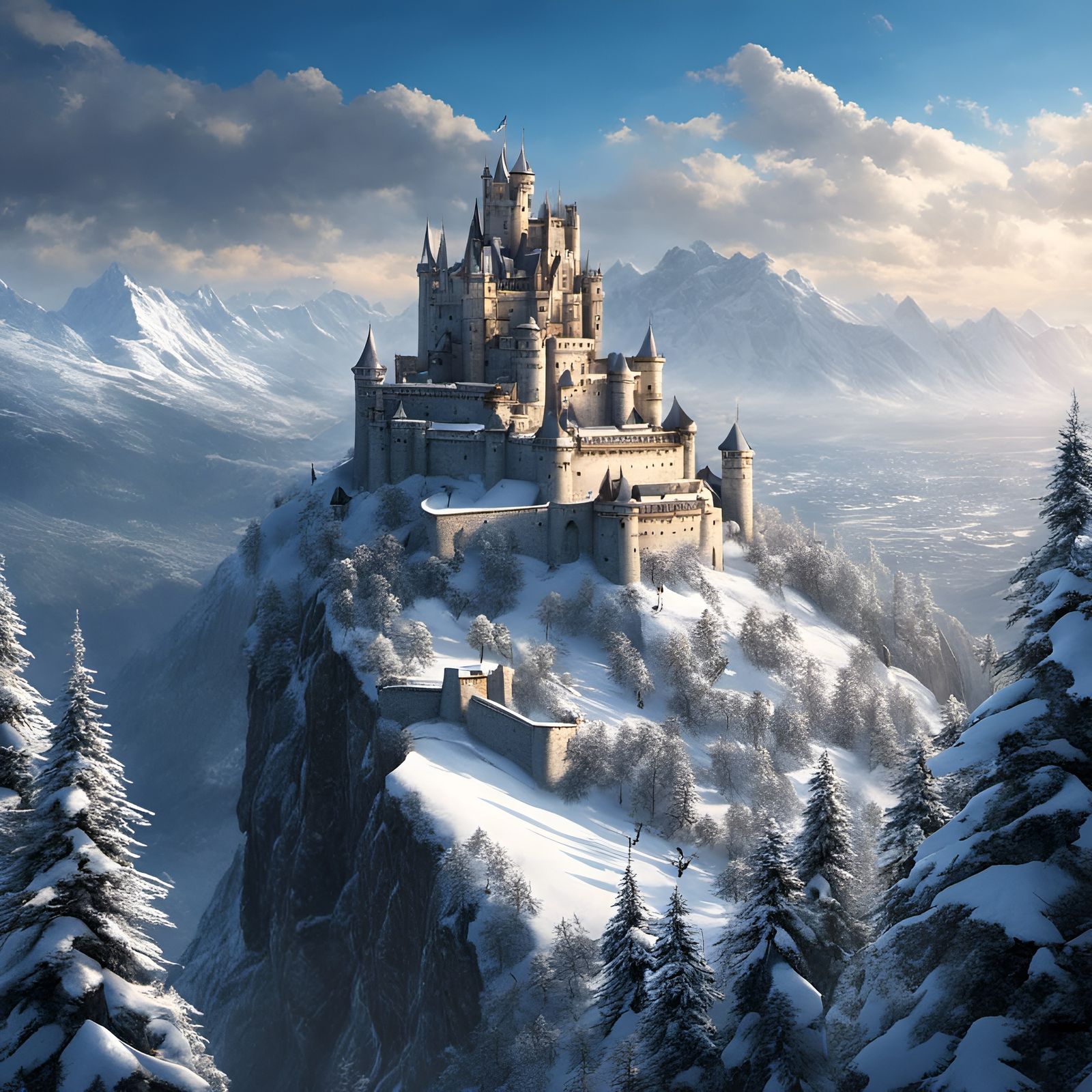 Snowy Mountain Castle in Detailed Matte Painting Style