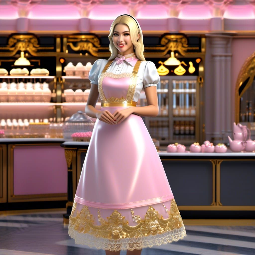 Beautiful Blonde in Sheer Pink Plastic Maid Dress