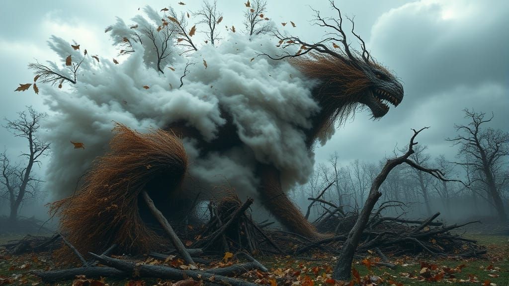 Autumn Storm Entity in a Whirlwind of Leaves and Twisted Tre...