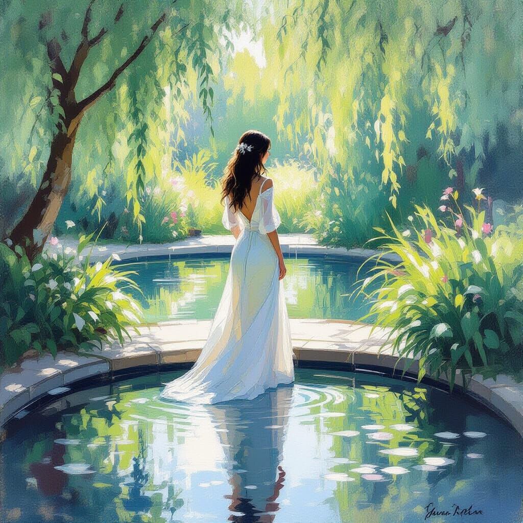 Impressionistic Woman by Reflecting Pool in Monet Style